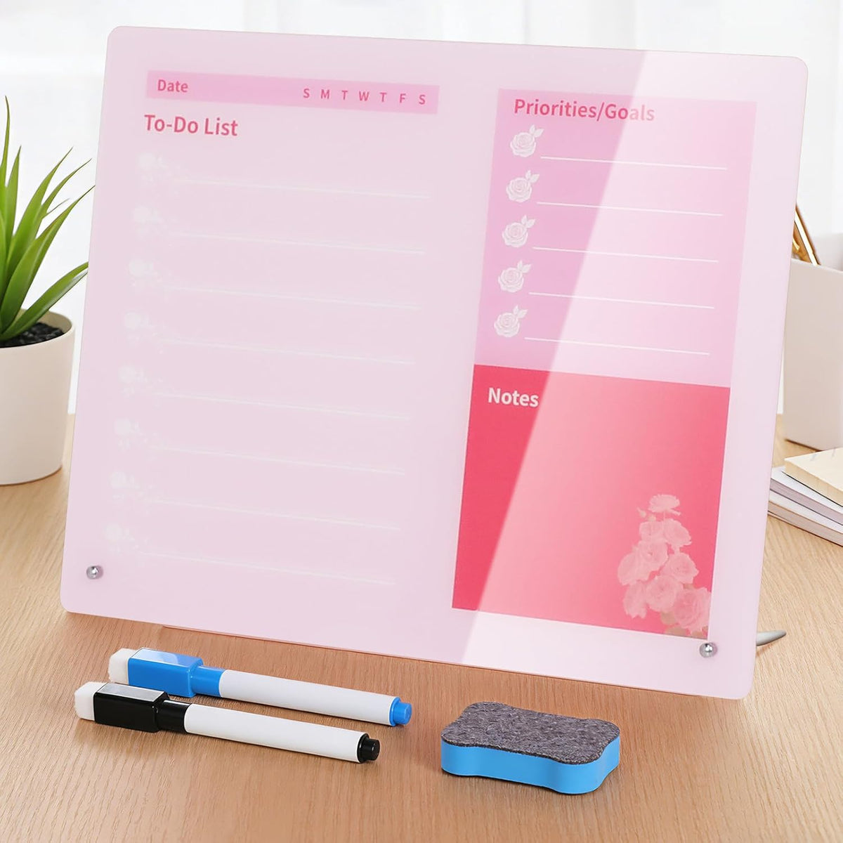 Desktop Acrylic Dry Erase Board, 12x10 inches to-Do List Planner, Tabletop Whiteboard with Stand Office Supplies Includes 2 Markers & 1 Eraser, Pink Rose Pattern