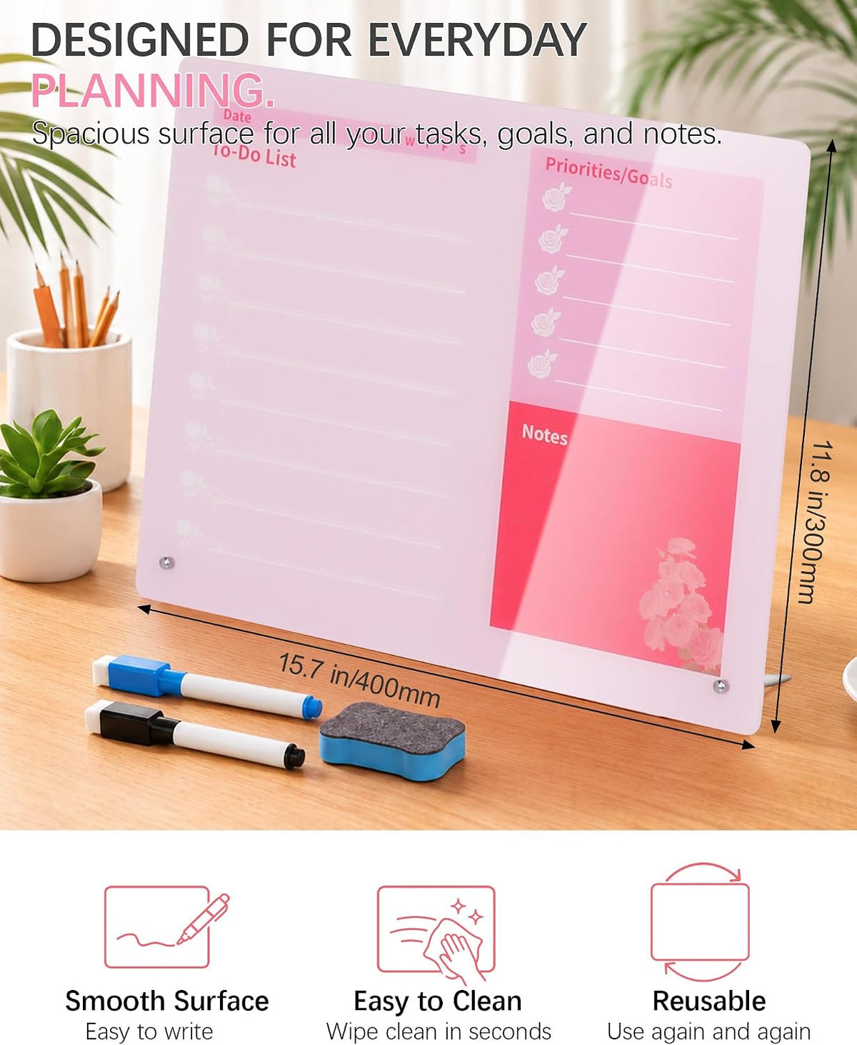 Desktop Acrylic Dry Erase Board, 12x10 inches to-Do List Planner, Tabletop Whiteboard with Stand Office Supplies Includes 2 Markers & 1 Eraser, Pink Rose Pattern
