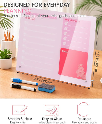 Desktop Acrylic Dry Erase Board, 12x10 inches to-Do List Planner, Tabletop Whiteboard with Stand Office Supplies Includes 2 Markers & 1 Eraser, Pink Rose Pattern