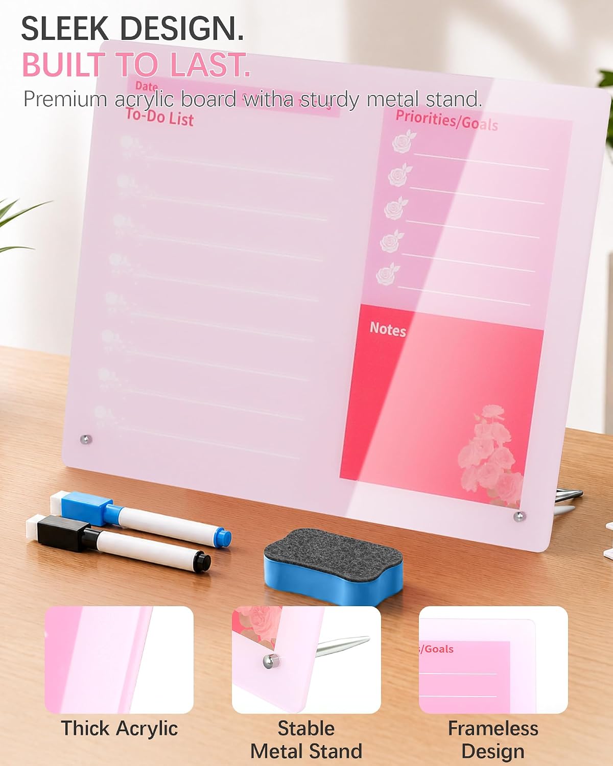 Desktop Acrylic Dry Erase Board, 12x10 inches to-Do List Planner, Tabletop Whiteboard with Stand Office Supplies Includes 2 Markers & 1 Eraser, Pink Rose Pattern