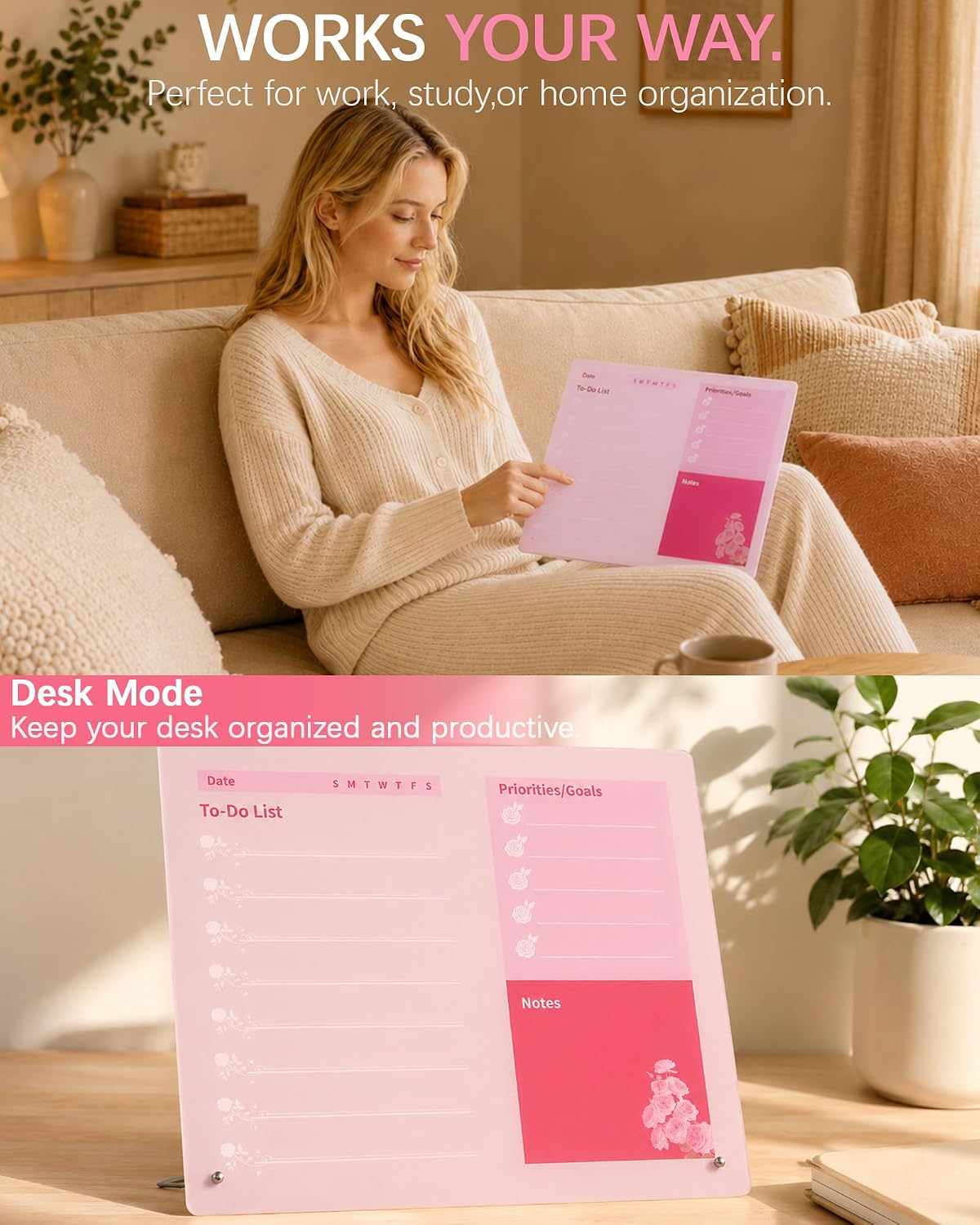 Desktop Acrylic Dry Erase Board, 12x10 inches to-Do List Planner, Tabletop Whiteboard with Stand Office Supplies Includes 2 Markers & 1 Eraser, Pink Rose Pattern