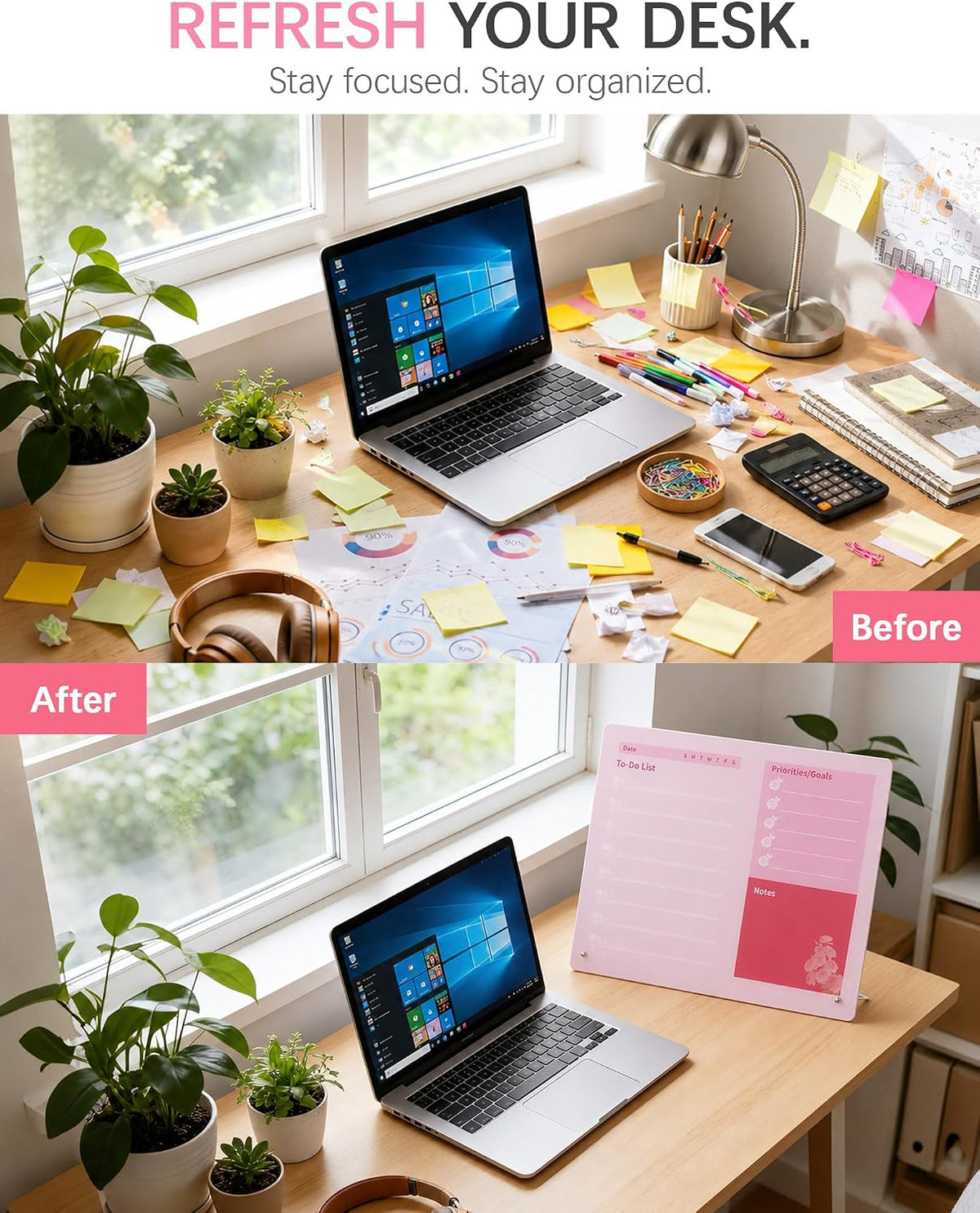Desktop Acrylic Dry Erase Board, 12x10 inches to-Do List Planner, Tabletop Whiteboard with Stand Office Supplies Includes 2 Markers & 1 Eraser, Pink Rose Pattern