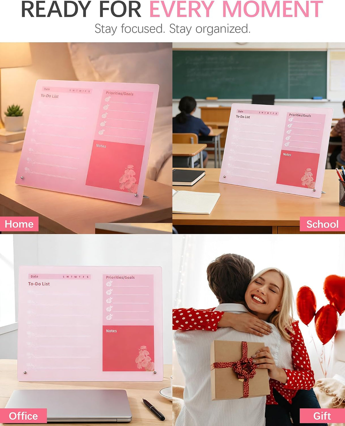 Desktop Acrylic Dry Erase Board, 12x10 inches to-Do List Planner, Tabletop Whiteboard with Stand Office Supplies Includes 2 Markers & 1 Eraser, Pink Rose Pattern