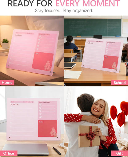 Desktop Acrylic Dry Erase Board, 12x10 inches to-Do List Planner, Tabletop Whiteboard with Stand Office Supplies Includes 2 Markers & 1 Eraser, Pink Rose Pattern
