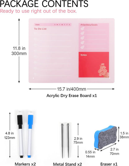 Desktop Acrylic Dry Erase Board, 12x10 inches to-Do List Planner, Tabletop Whiteboard with Stand Office Supplies Includes 2 Markers & 1 Eraser, Pink Rose Pattern