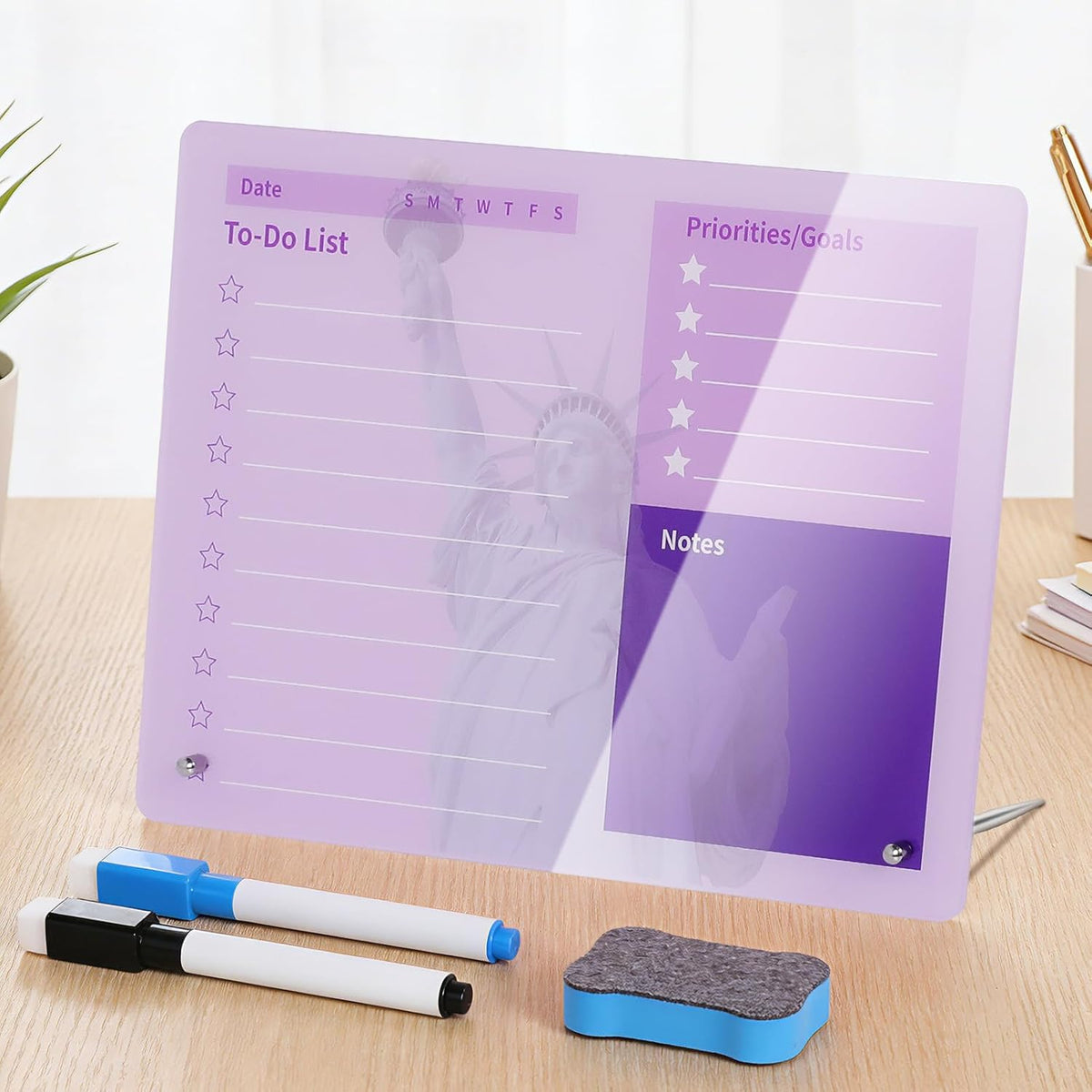 Desktop Acrylic Dry Erase Board, 12x10 inches to-Do List Planner, Tabletop Whiteboard with Stand Office Supplies Includes 2 Markers & 1 Eraser, Pink Rose Pattern