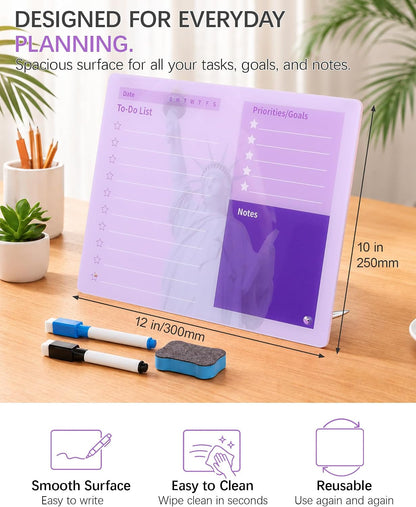 Desktop Acrylic Dry Erase Board, 12x10 inches to-Do List Planner, Tabletop Whiteboard with Stand Office Supplies Includes 2 Markers & 1 Eraser, Pink Rose Pattern