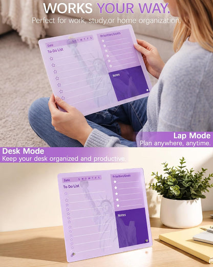 Desktop Acrylic Dry Erase Board, 12x10 inches to-Do List Planner, Tabletop Whiteboard with Stand Office Supplies Includes 2 Markers & 1 Eraser, Pink Rose Pattern