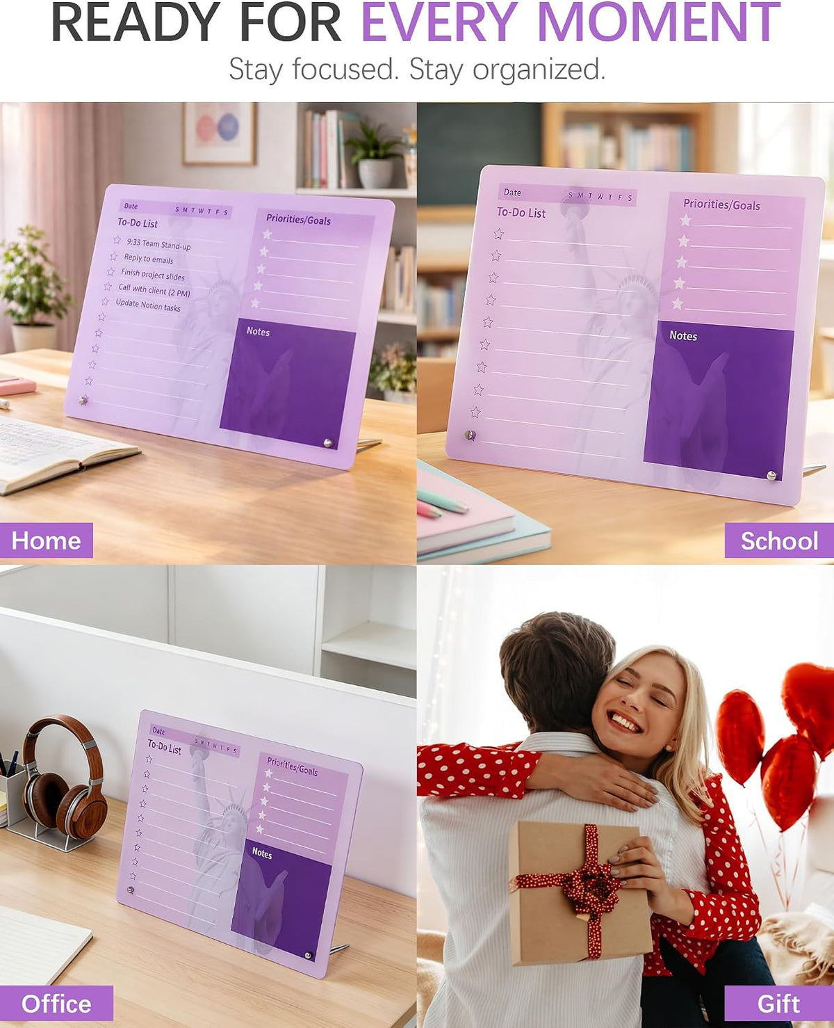 Desktop Acrylic Dry Erase Board, 12x10 inches to-Do List Planner, Tabletop Whiteboard with Stand Office Supplies Includes 2 Markers & 1 Eraser, Pink Rose Pattern