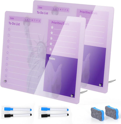Desktop Acrylic Dry Erase Board, 12x10 inches to-Do List Planner, Tabletop Whiteboard with Stand Office Supplies Includes 2 Markers & 1 Eraser, Pink Rose Pattern