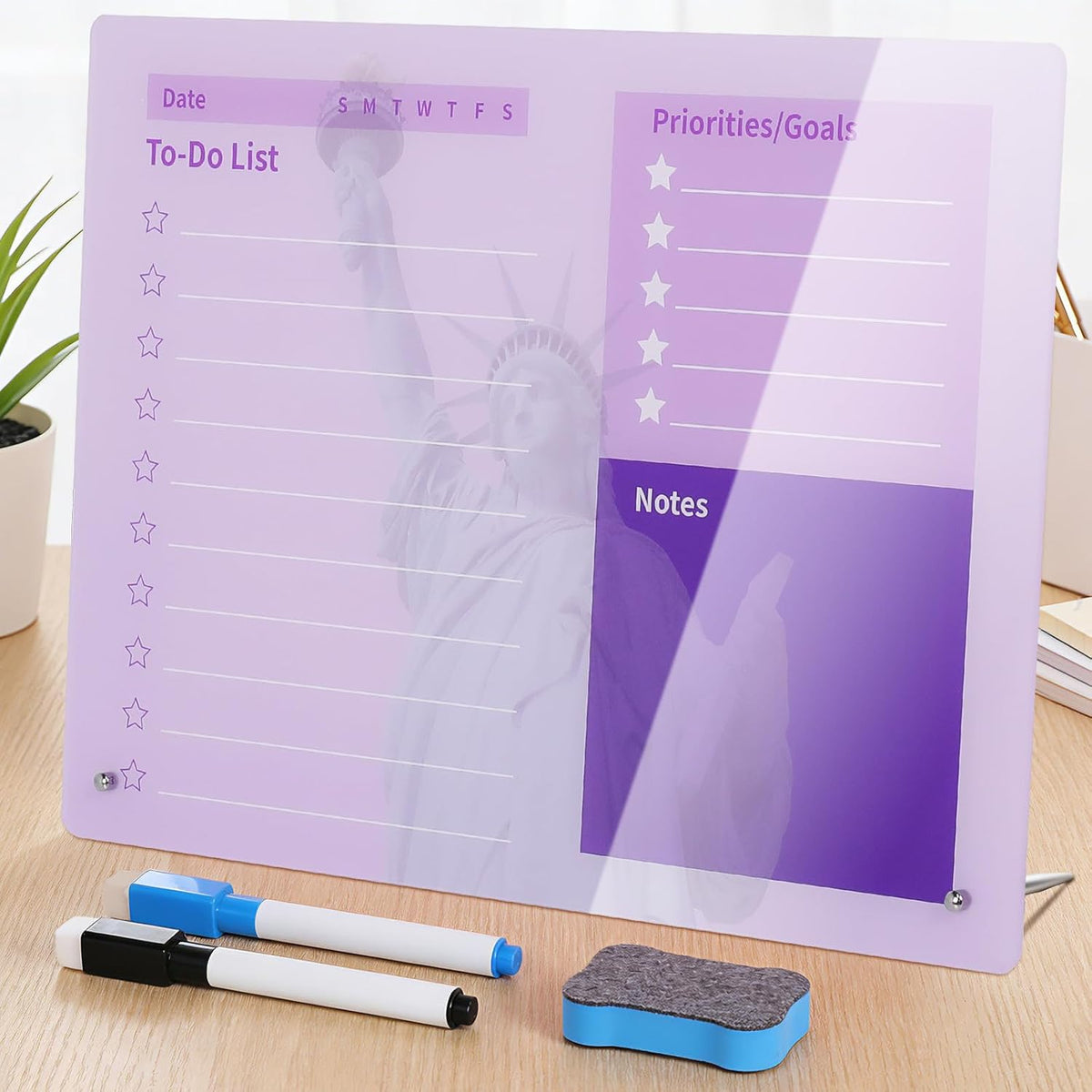 Desktop Acrylic Dry Erase Board, 12x10 inches to-Do List Planner, Tabletop Whiteboard with Stand Office Supplies Includes 2 Markers & 1 Eraser, Pink Rose Pattern