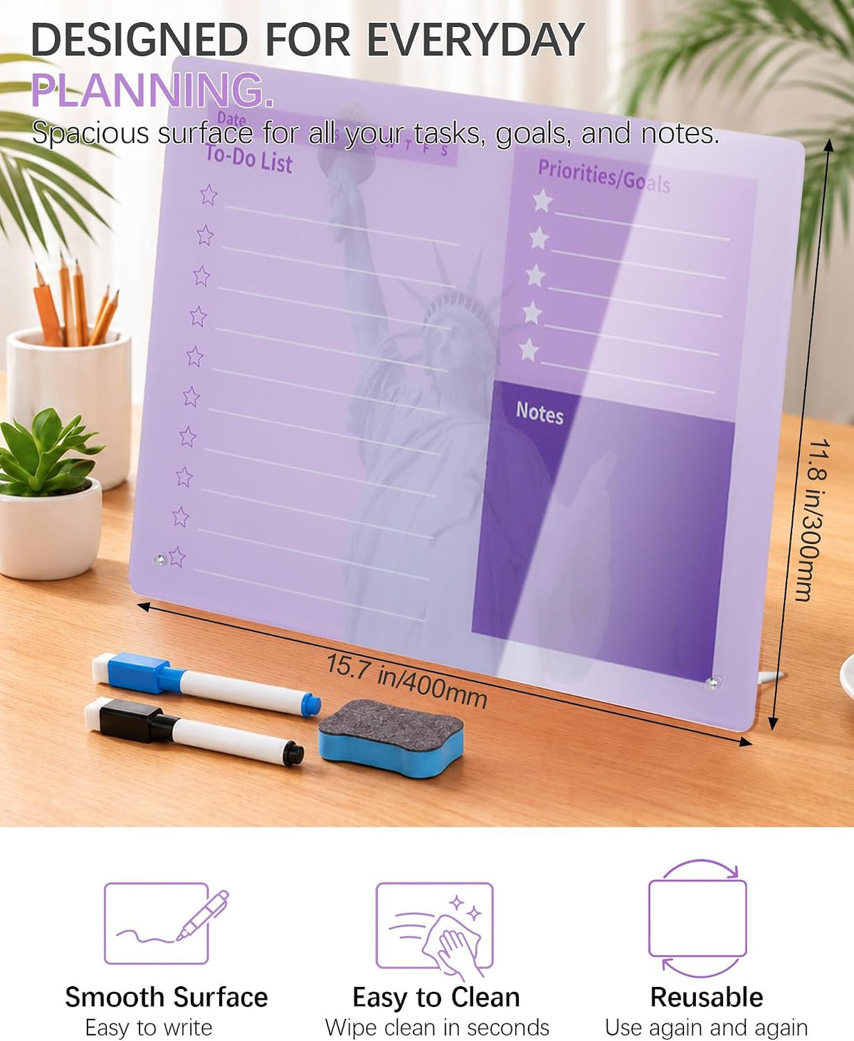 Desktop Acrylic Dry Erase Board, 12x10 inches to-Do List Planner, Tabletop Whiteboard with Stand Office Supplies Includes 2 Markers & 1 Eraser, Pink Rose Pattern