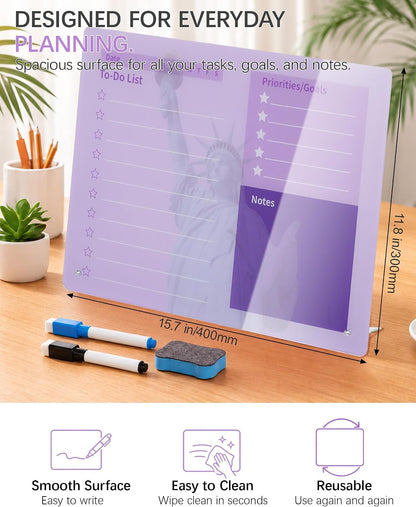 Desktop Acrylic Dry Erase Board, 12x10 inches to-Do List Planner, Tabletop Whiteboard with Stand Office Supplies Includes 2 Markers & 1 Eraser, Pink Rose Pattern