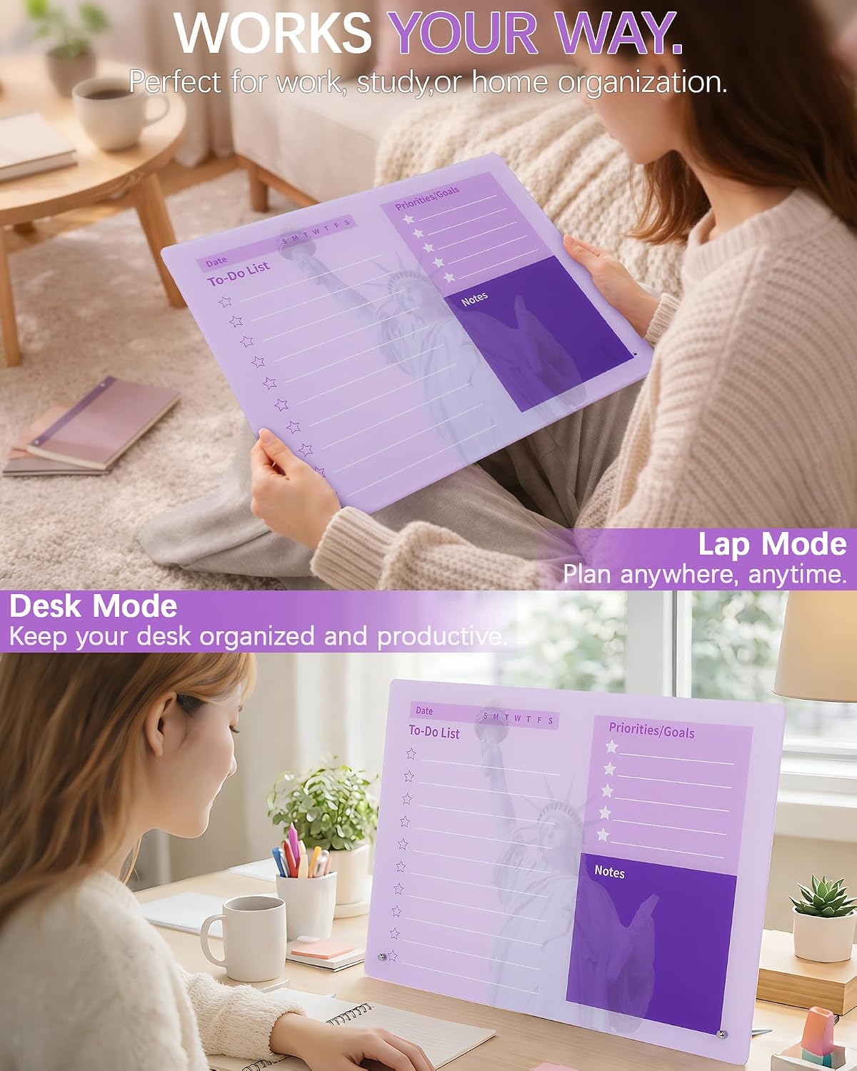 Desktop Acrylic Dry Erase Board, 12x10 inches to-Do List Planner, Tabletop Whiteboard with Stand Office Supplies Includes 2 Markers & 1 Eraser, Pink Rose Pattern