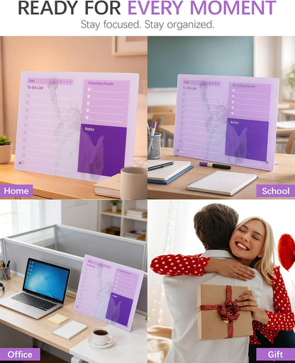 Desktop Acrylic Dry Erase Board, 12x10 inches to-Do List Planner, Tabletop Whiteboard with Stand Office Supplies Includes 2 Markers & 1 Eraser, Pink Rose Pattern
