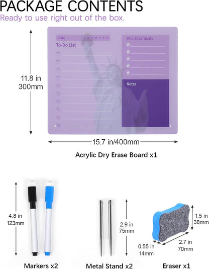 Desktop Acrylic Dry Erase Board, 12x10 inches to-Do List Planner, Tabletop Whiteboard with Stand Office Supplies Includes 2 Markers & 1 Eraser, Pink Rose Pattern