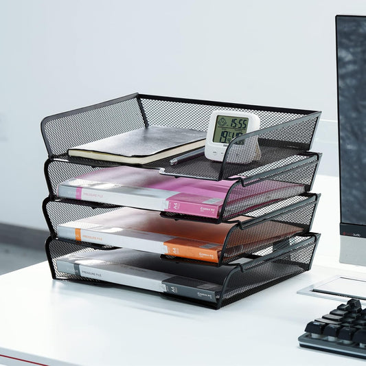 4 Tier Mesh Stackable File Trays Letter Trays,Black