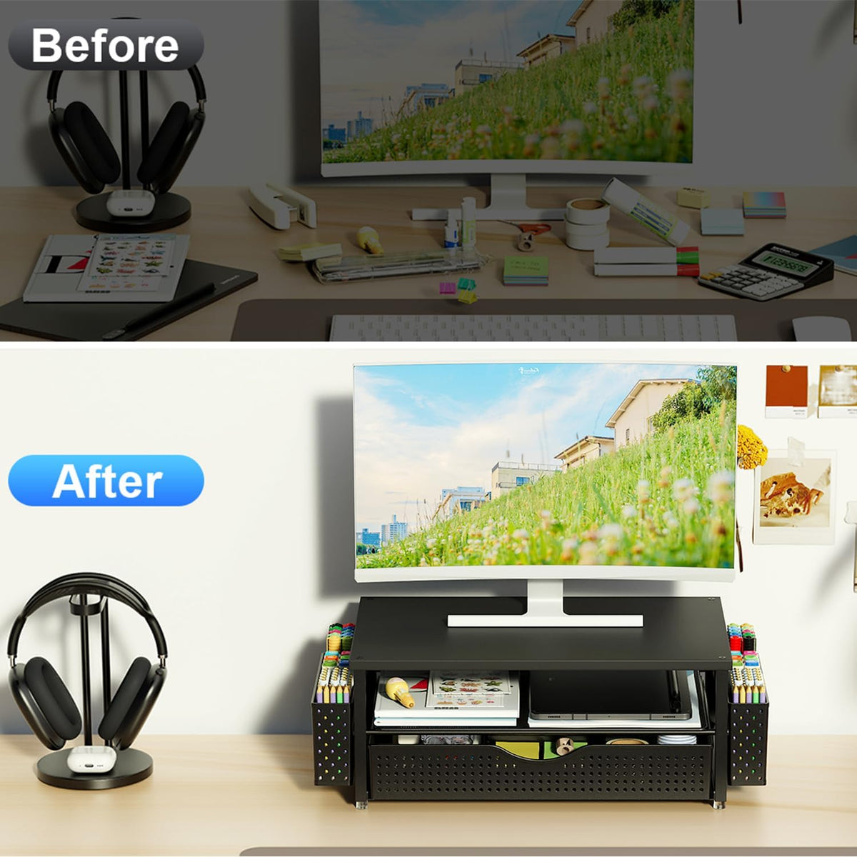 Computer Monitor Stand with Drawer and 2 Pen Holders, Black