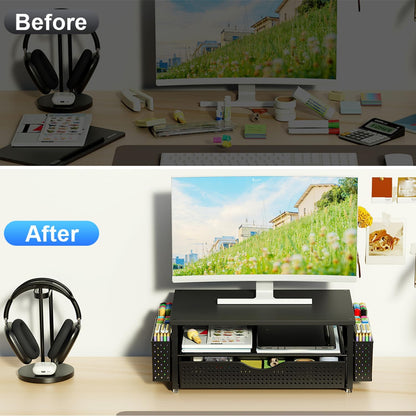 Computer Monitor Stand with Drawer and 2 Pen Holders, Black