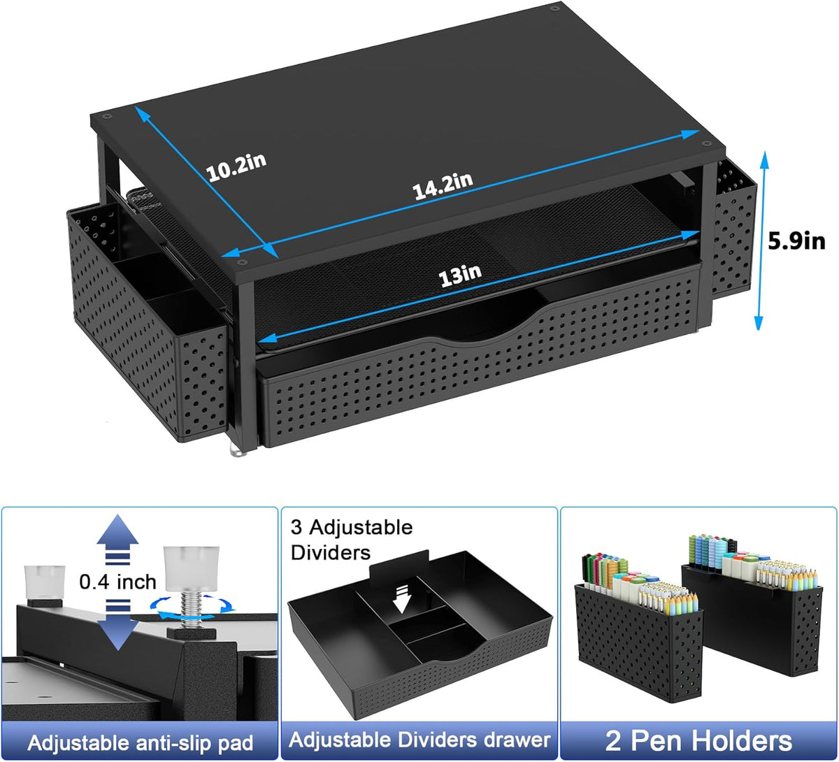 Computer Monitor Stand with Drawer and 2 Pen Holders, Black