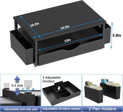 Computer Monitor Stand with Drawer and 2 Pen Holders, Black