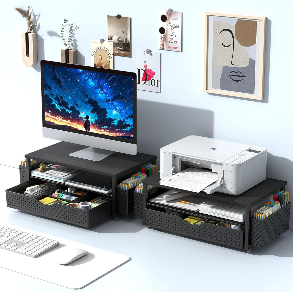 Computer Monitor Stand with Drawer and 2 Pen Holders, Black