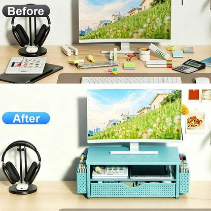 Computer Monitor Stand with Drawer and 2 Pen Holders, Black