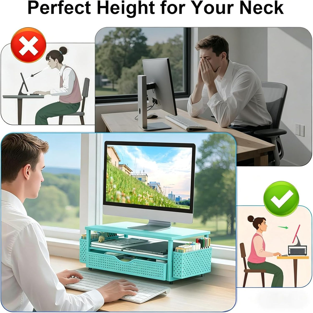 Computer Monitor Stand with Drawer and 2 Pen Holders, Black
