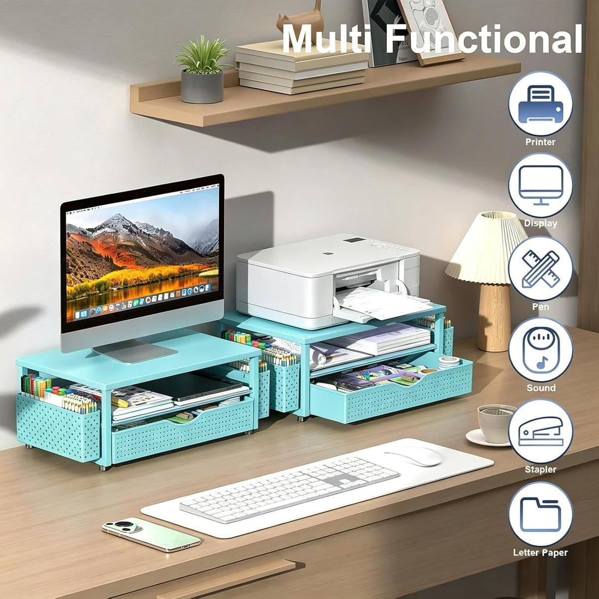 Computer Monitor Stand with Drawer and 2 Pen Holders, Black