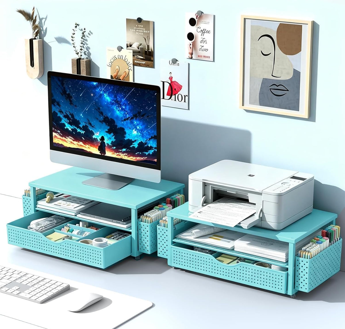 Computer Monitor Stand with Drawer and 2 Pen Holders, Black