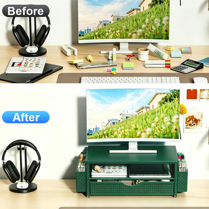 Computer Monitor Stand with Drawer and 2 Pen Holders, Black