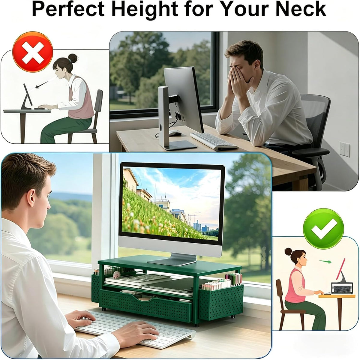 Computer Monitor Stand with Drawer and 2 Pen Holders, Black