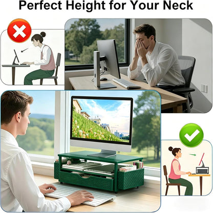 Computer Monitor Stand with Drawer and 2 Pen Holders, Black