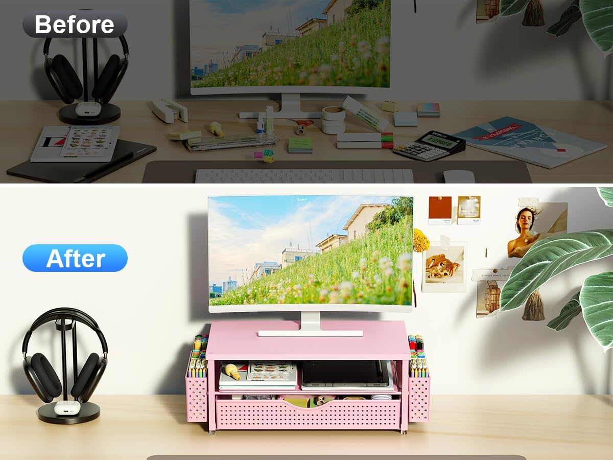 Computer Monitor Stand with Drawer and 2 Pen Holders, Black