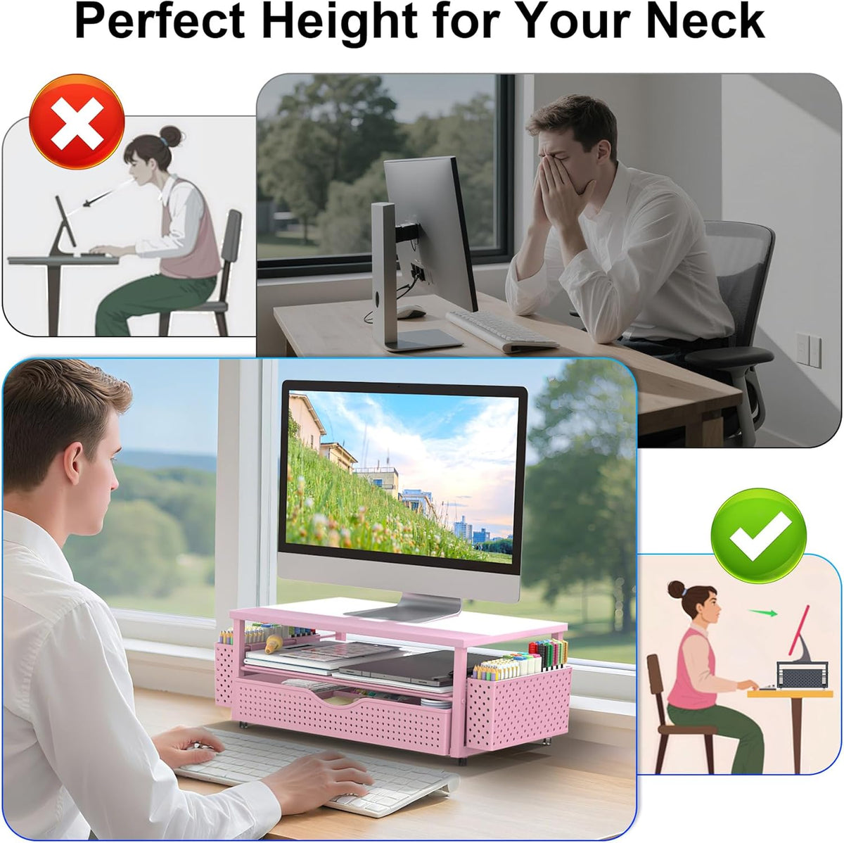 Computer Monitor Stand with Drawer and 2 Pen Holders, Black