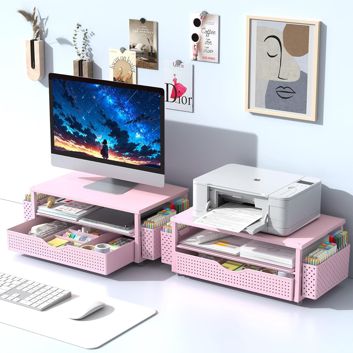 Computer Monitor Stand with Drawer and 2 Pen Holders, Black
