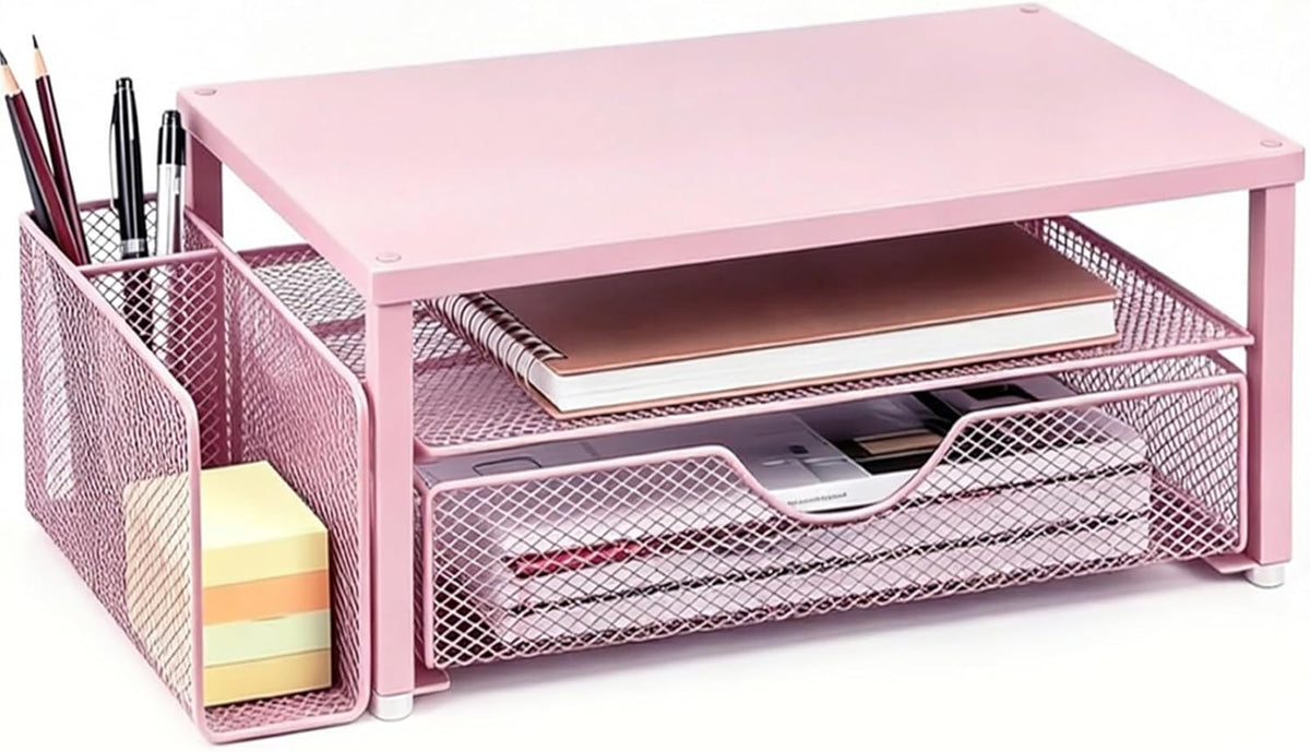 Computer Monitor Stand with Drawer and 2 Pen Holders, Black