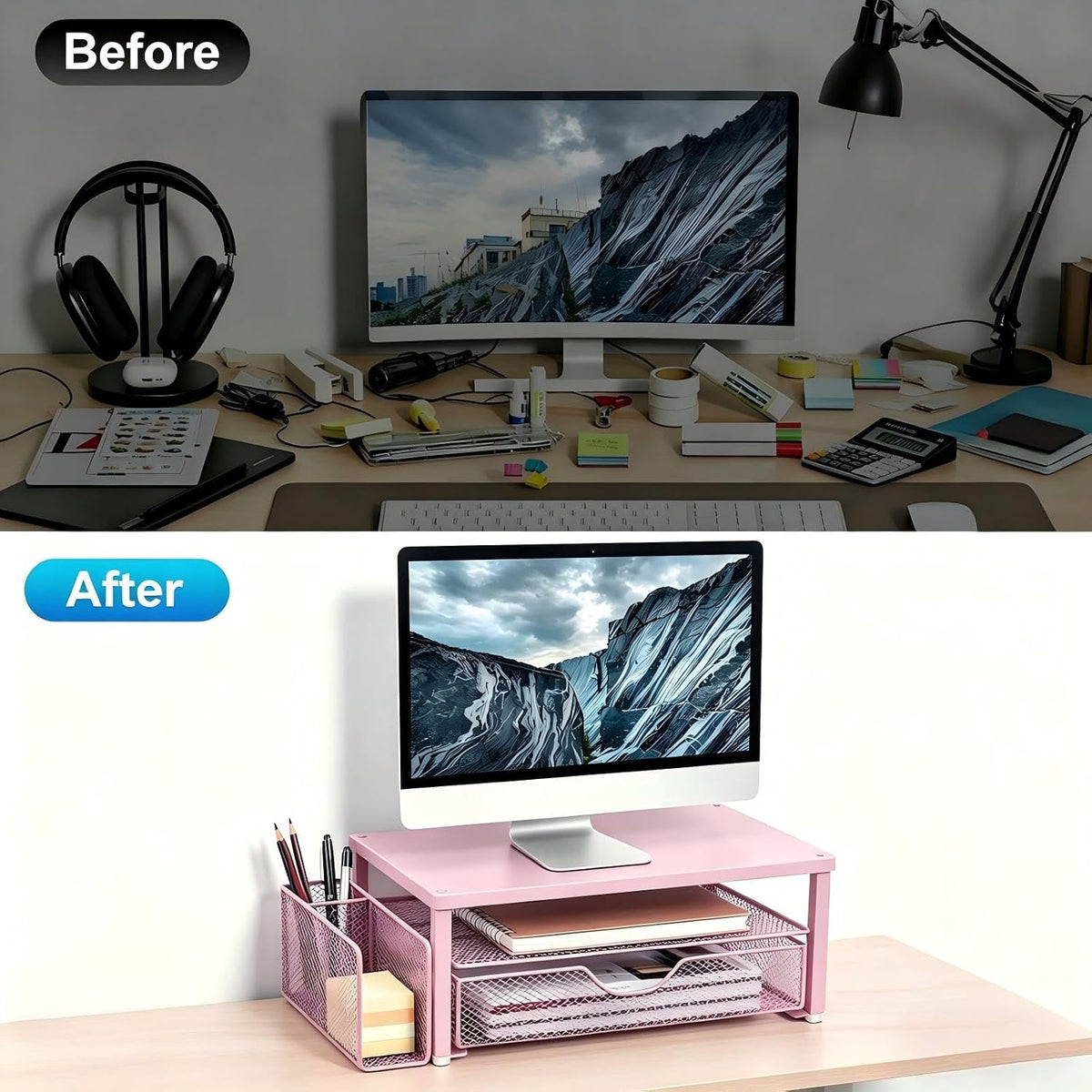 Computer Monitor Stand with Drawer and 2 Pen Holders, Black
