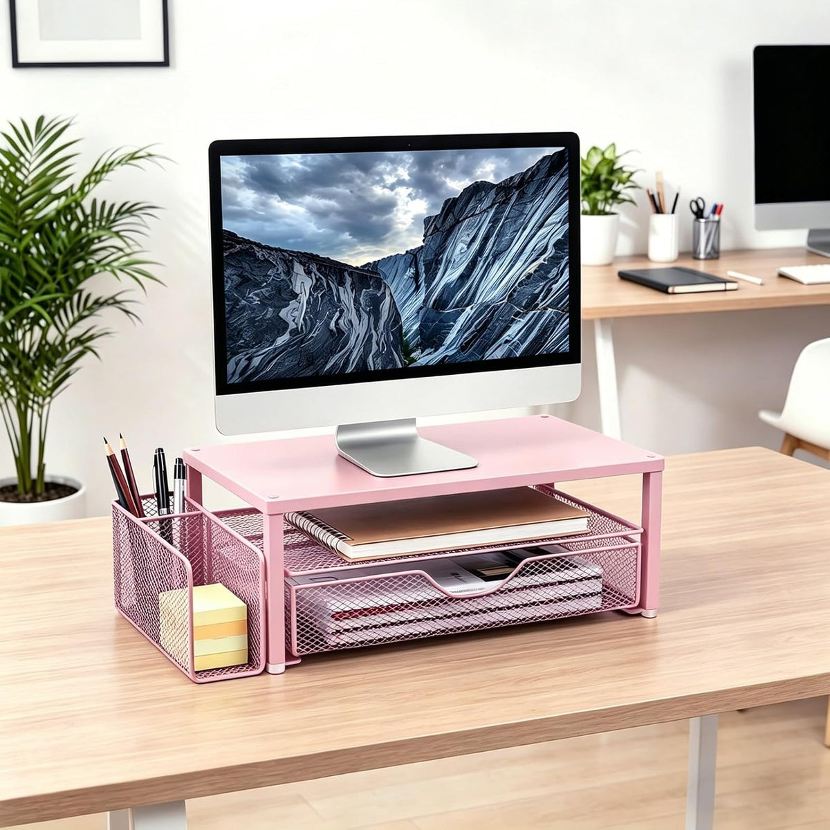 Computer Monitor Stand with Drawer and 2 Pen Holders, Black
