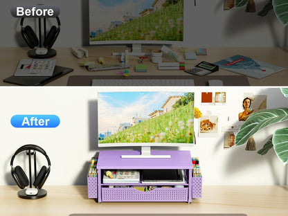 Computer Monitor Stand with Drawer and 2 Pen Holders, Black