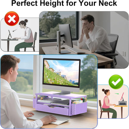 Computer Monitor Stand with Drawer and 2 Pen Holders, Black