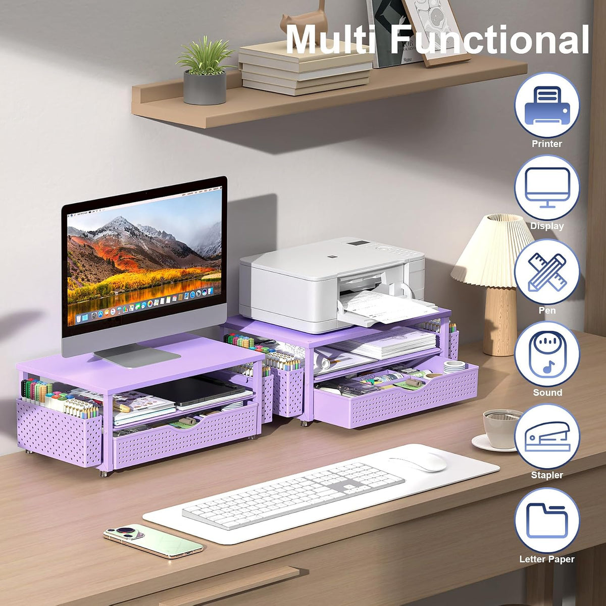 Computer Monitor Stand with Drawer and 2 Pen Holders, Black