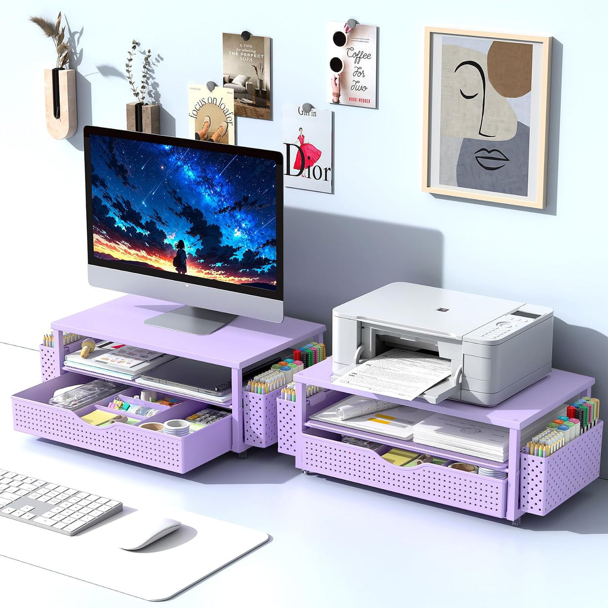 Computer Monitor Stand with Drawer and 2 Pen Holders, Black