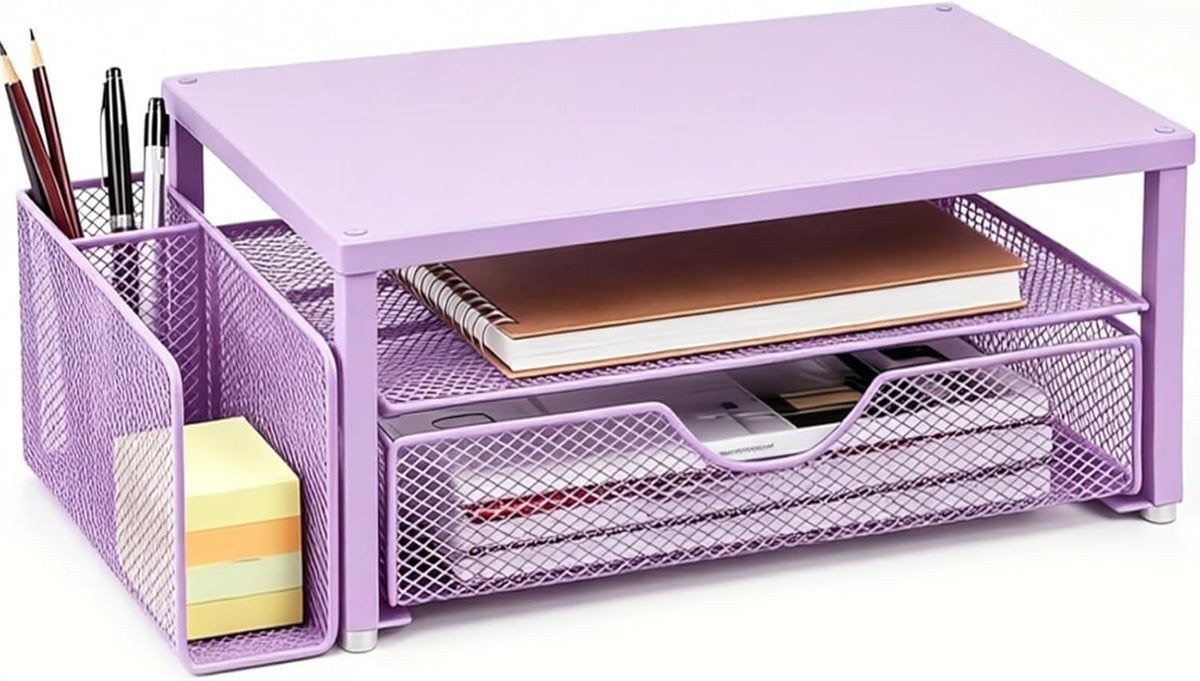 Computer Monitor Stand with Drawer and 2 Pen Holders, Black