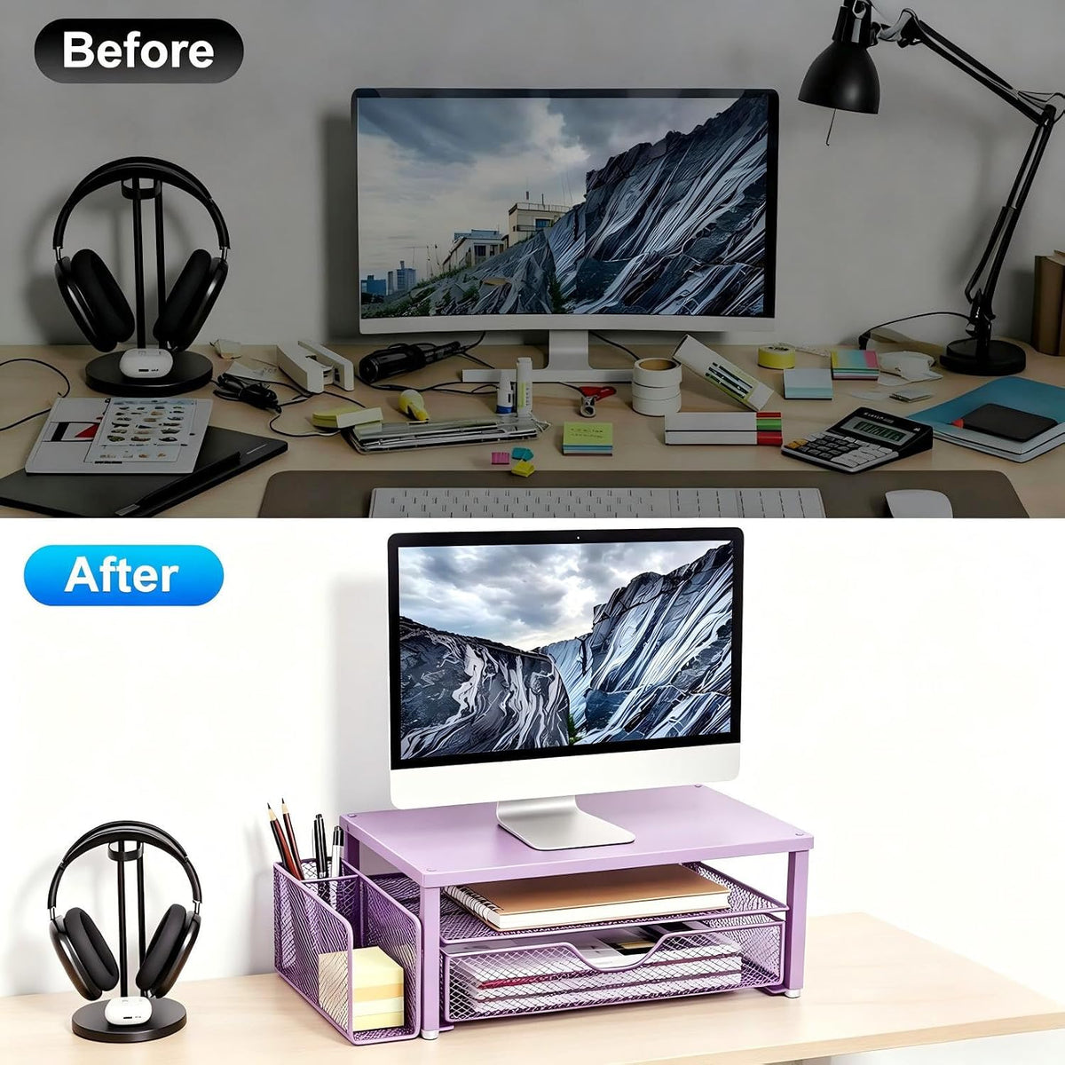 Computer Monitor Stand with Drawer and 2 Pen Holders, Black