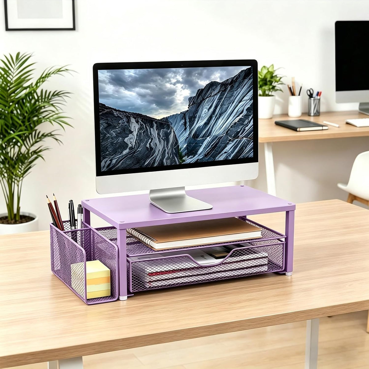 Computer Monitor Stand with Drawer and 2 Pen Holders, Black