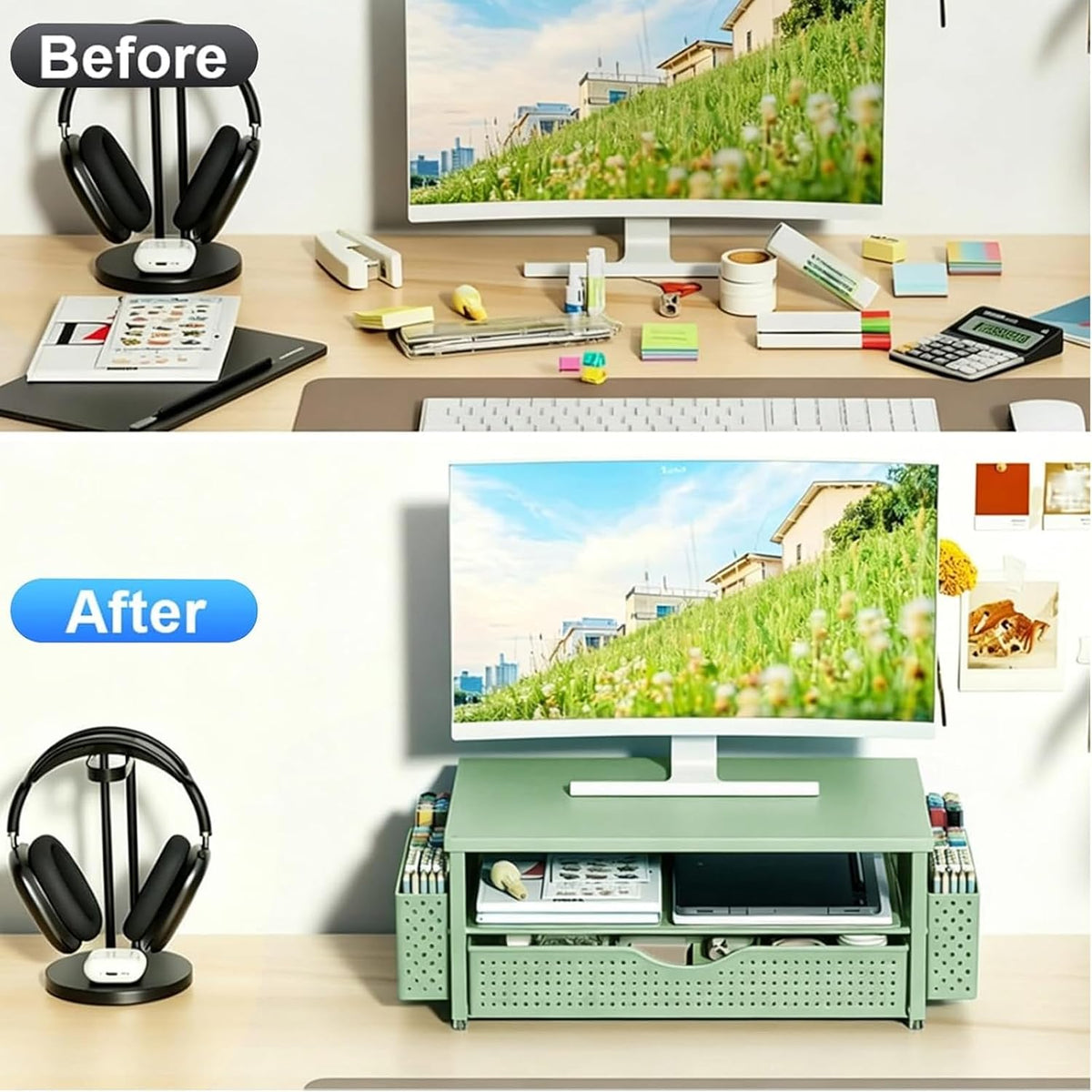Computer Monitor Stand with Drawer and 2 Pen Holders, Black