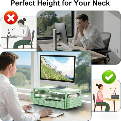 Computer Monitor Stand with Drawer and 2 Pen Holders, Black