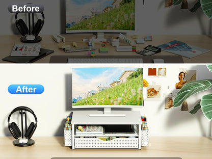 Computer Monitor Stand with Drawer and 2 Pen Holders, Black