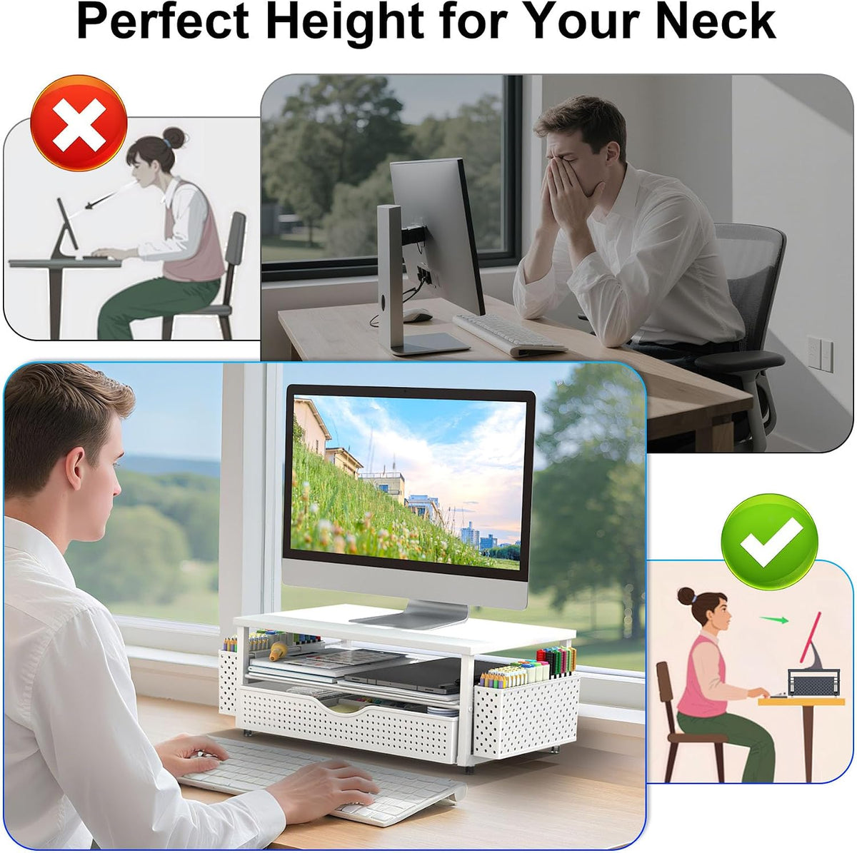 Computer Monitor Stand with Drawer and 2 Pen Holders, Black